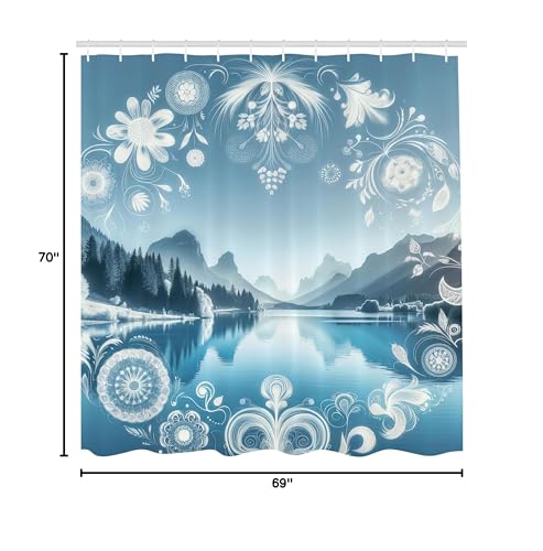Ambesonne Lake Shower Curtain, Panoramic Nature View Mountains Woodland Folkloric Floral Wreath Ornaments, Cloth Fabric Bathroom